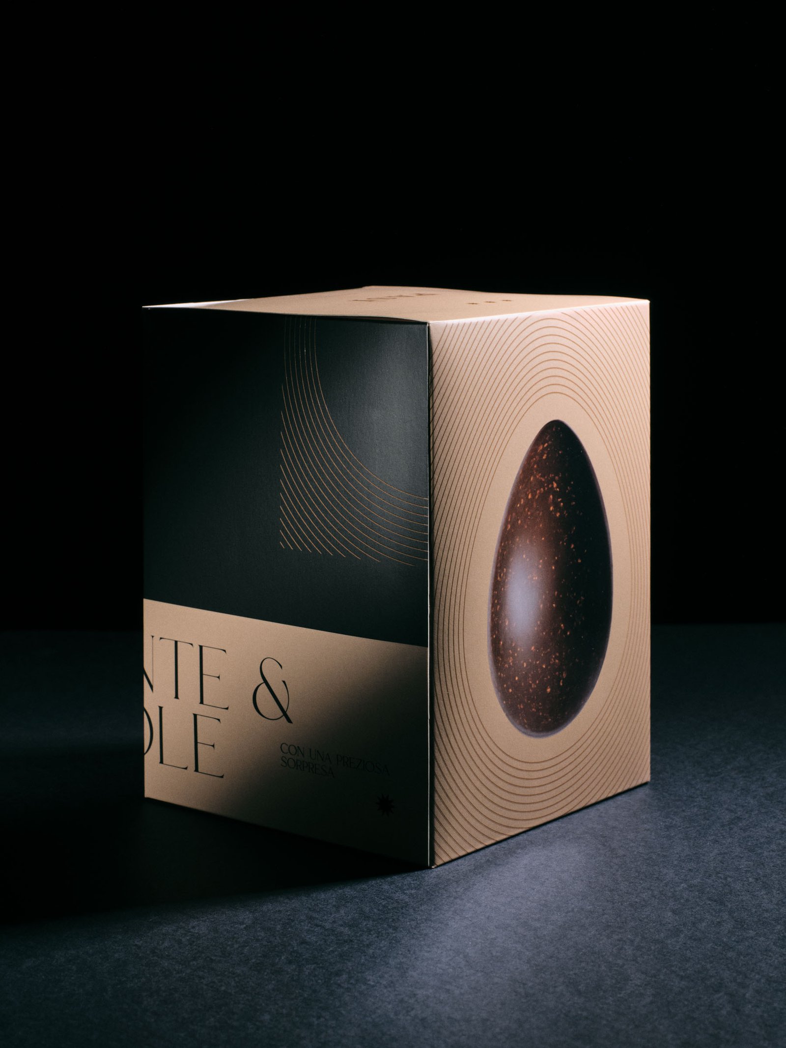 Pasì Fondente & Nocciole box standing, with the egg on its side face in raking light