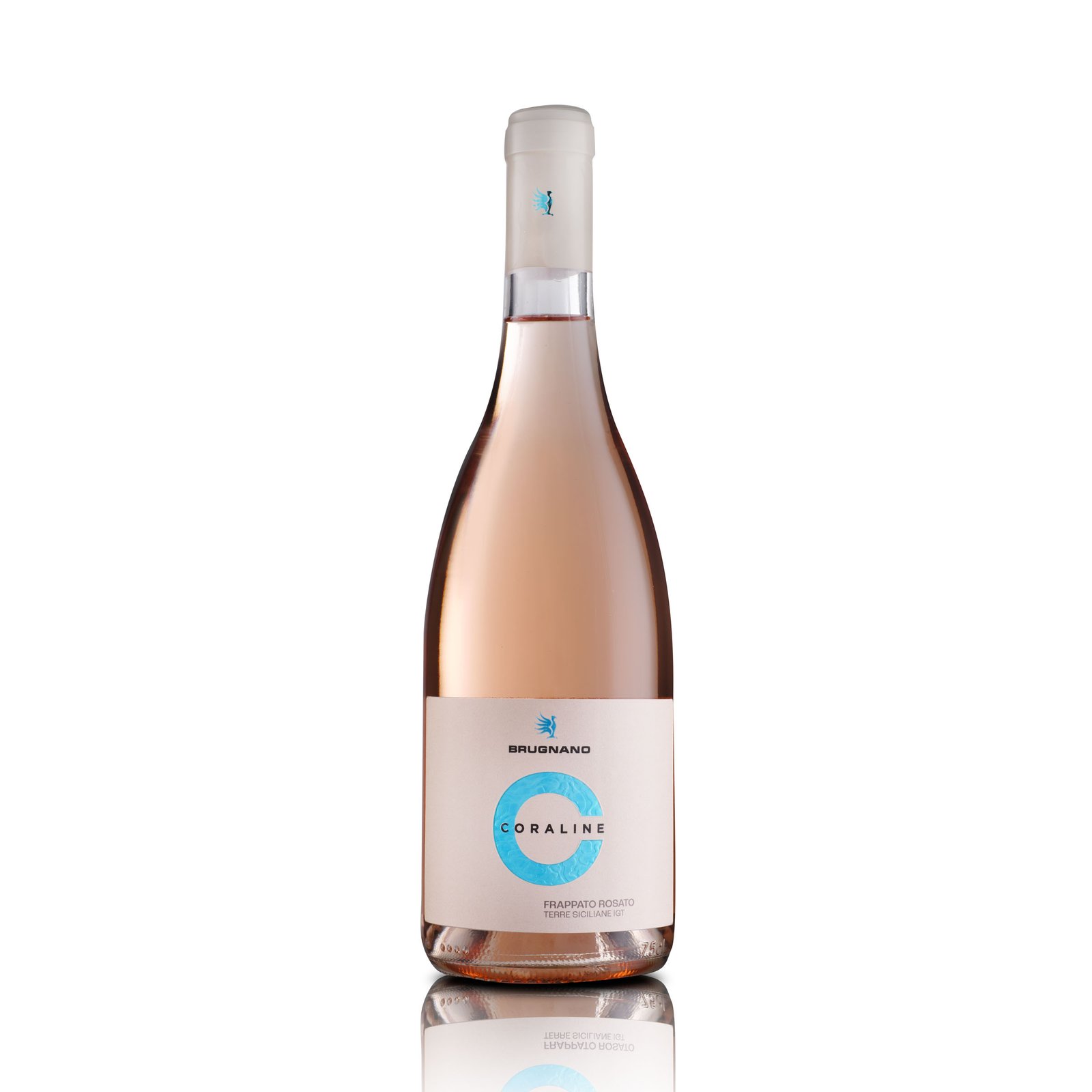 Packshot of Coraline Frappato rosé on white, with its reflection