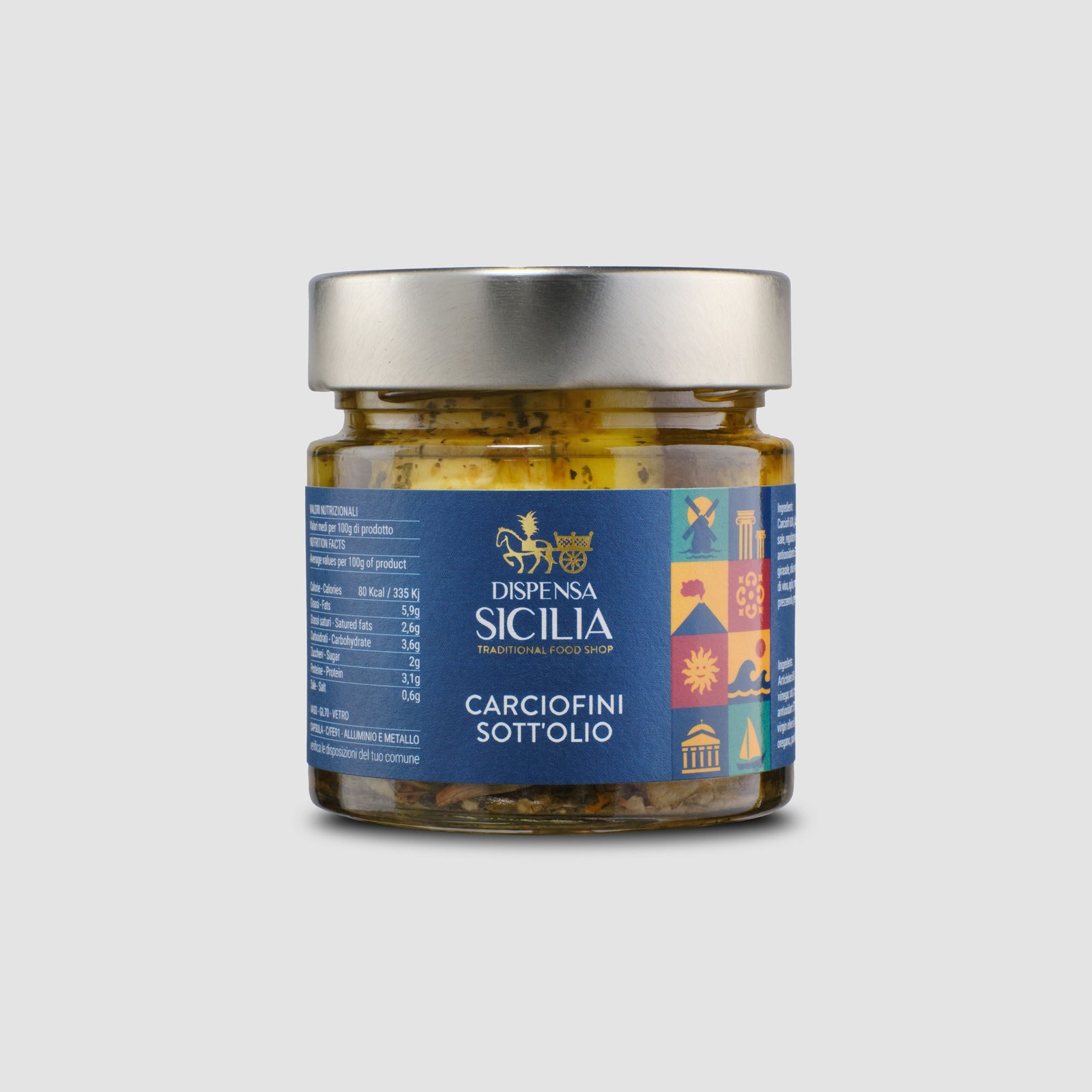 Dispensa Sicilia artichokes in oil in a glass jar, the oil lit through the glass, on a light background