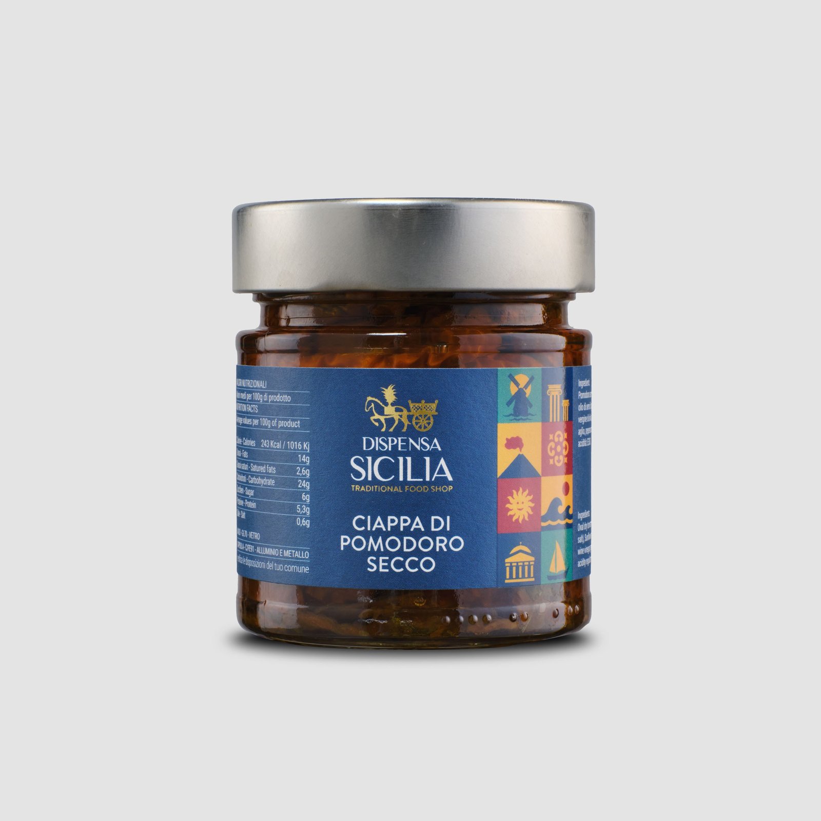 Dispensa Sicilia halved dried tomatoes in a glass jar, on a light background