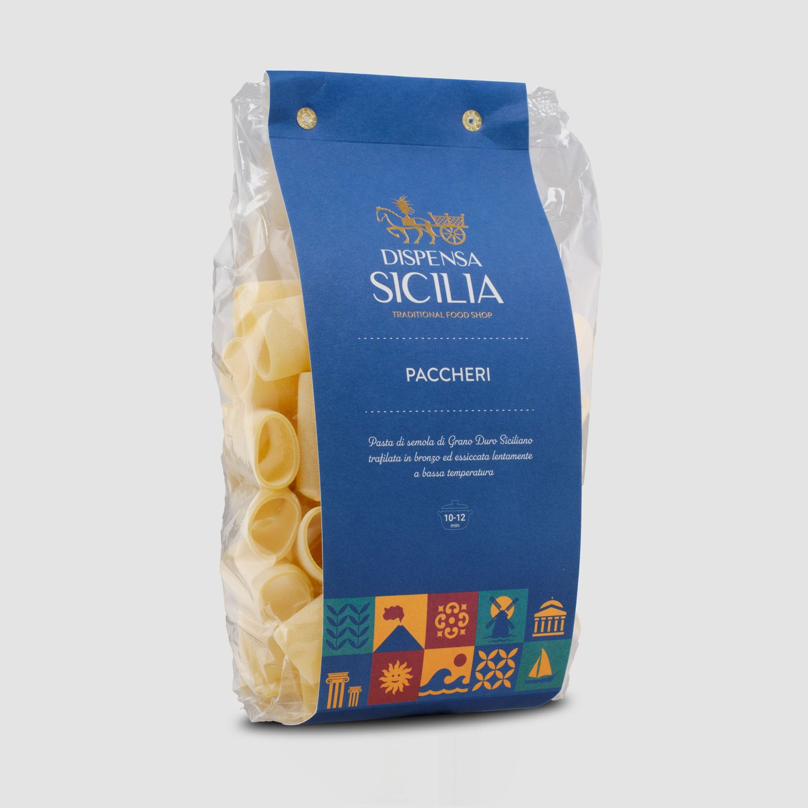 Dispensa Sicilia paccheri in a clear bag with a blue band, shot at three-quarters on a light background