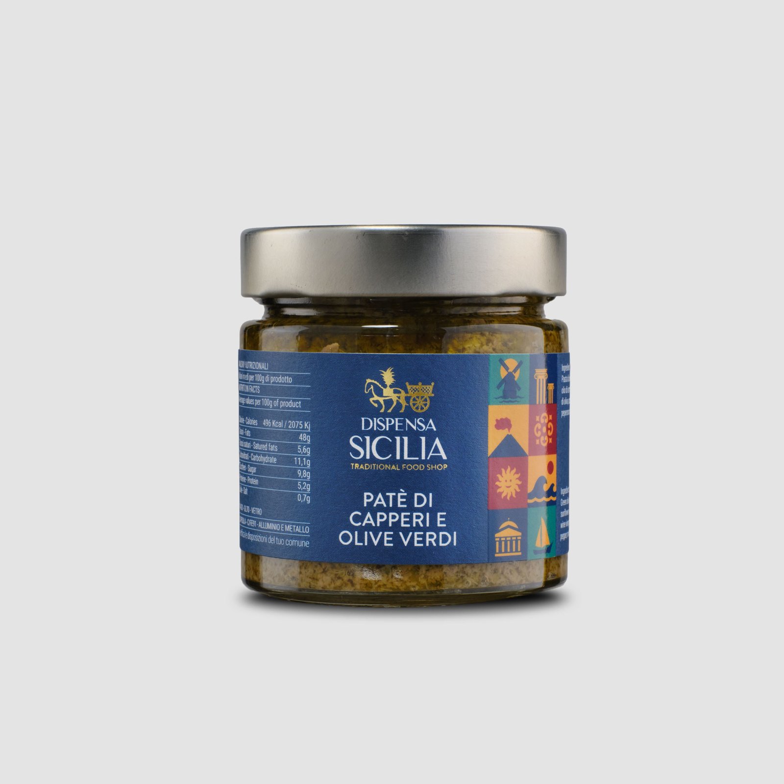 Dispensa Sicilia caper and green olive pâté in a glass jar, on a light background
