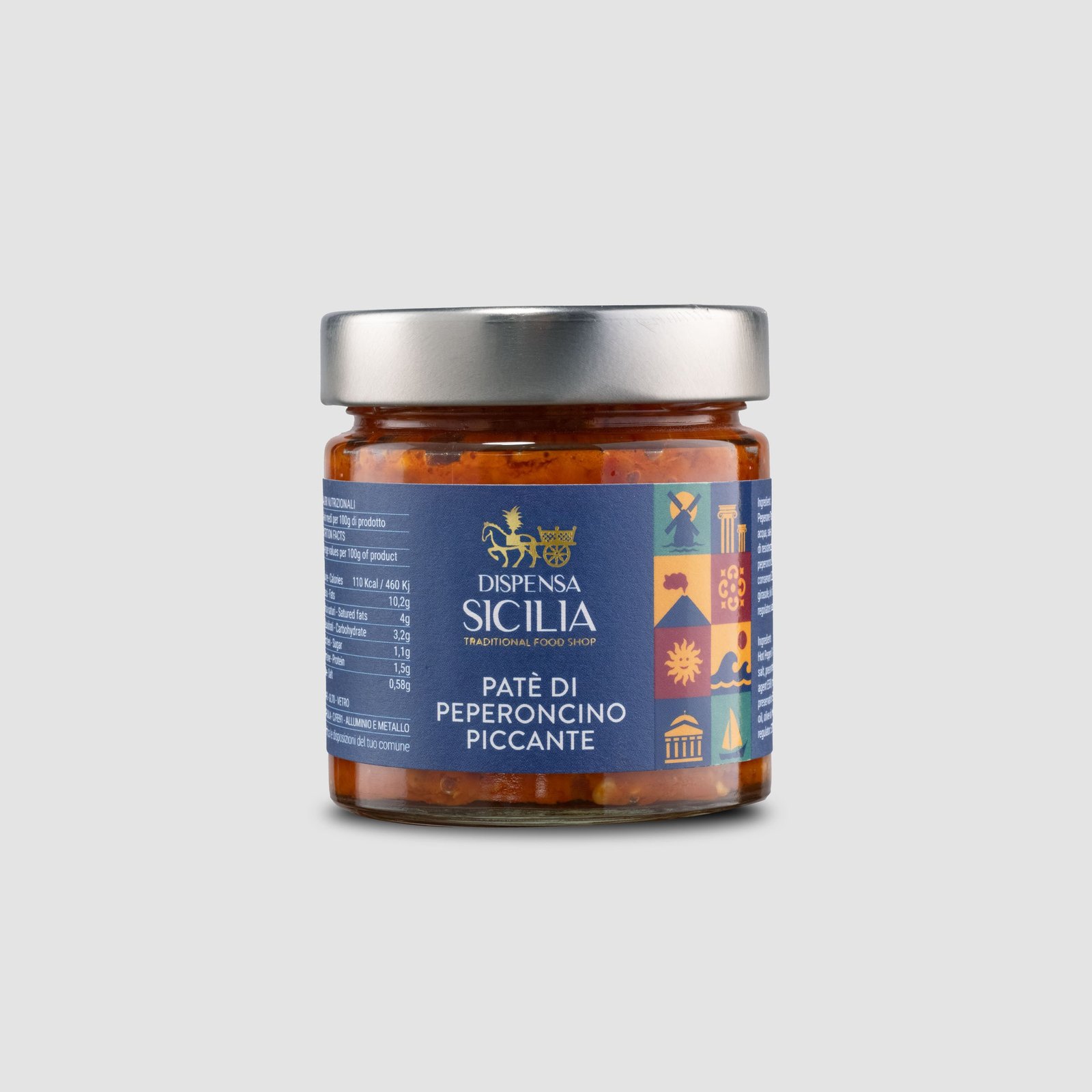 Dispensa Sicilia hot chilli pâté in a glass jar, on a light background