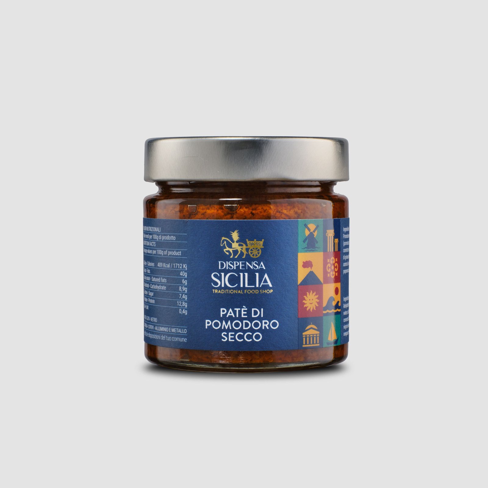 Dispensa Sicilia dried tomato pâté in a glass jar, on a light background