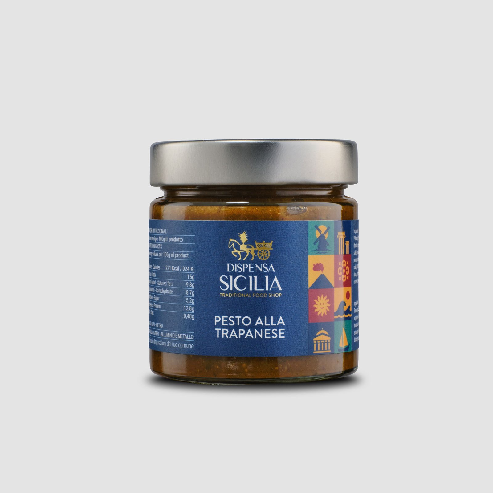 Dispensa Sicilia pesto alla trapanese in a glass jar, on a light background