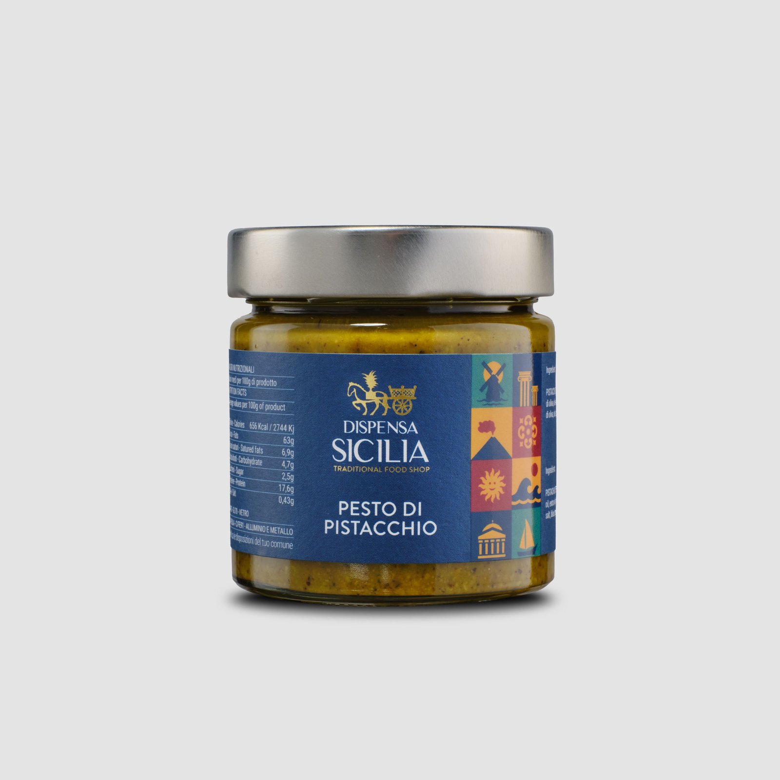 Dispensa Sicilia pistachio pesto in a glass jar, on a light background