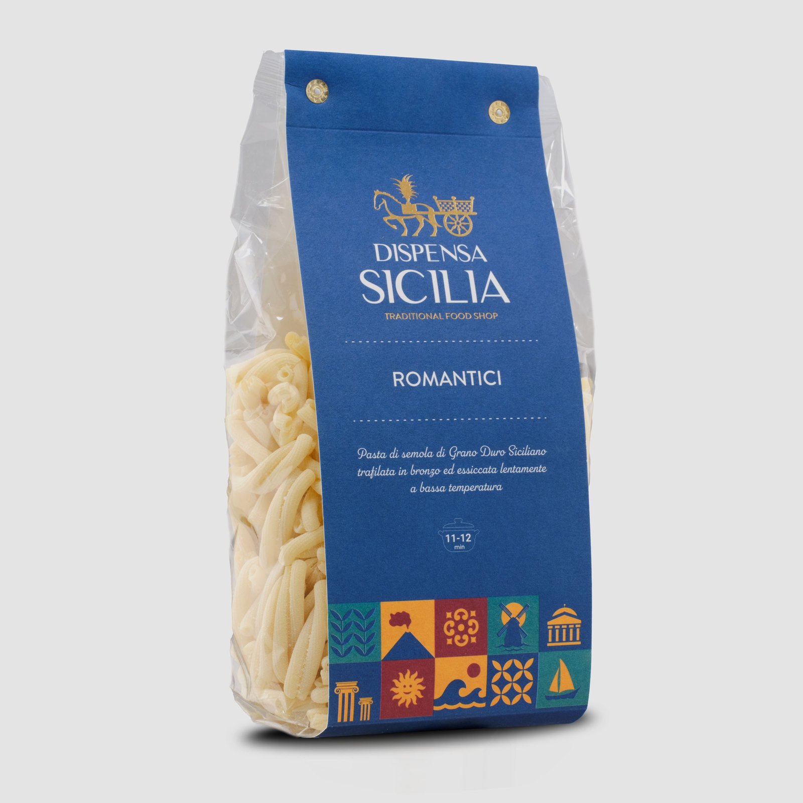Dispensa Sicilia romantici pasta in a clear bag with a blue band, shot at three-quarters on a light background