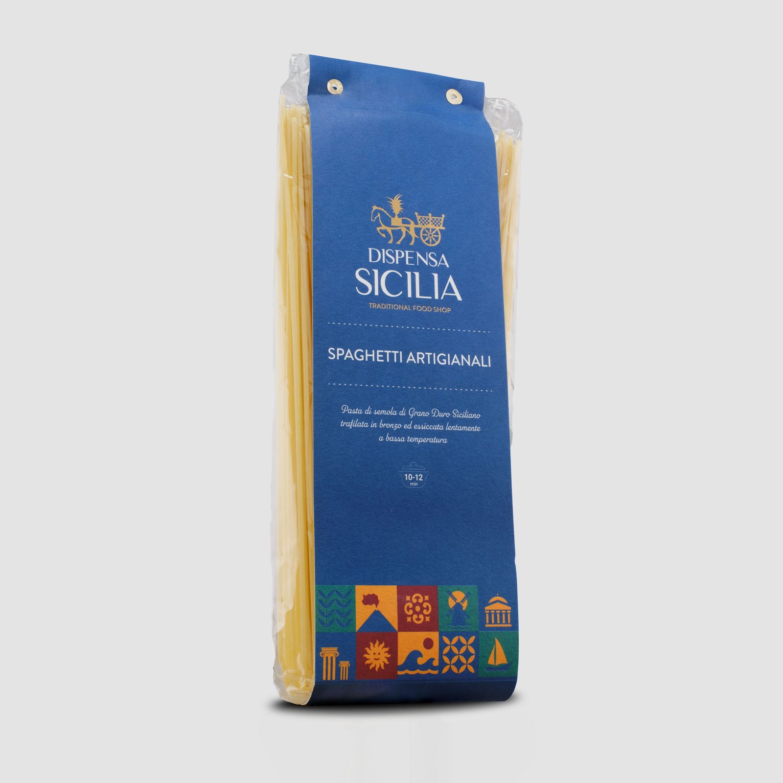 Dispensa Sicilia artisan spaghetti in a clear pack with a blue band, shot at three-quarters on a light background