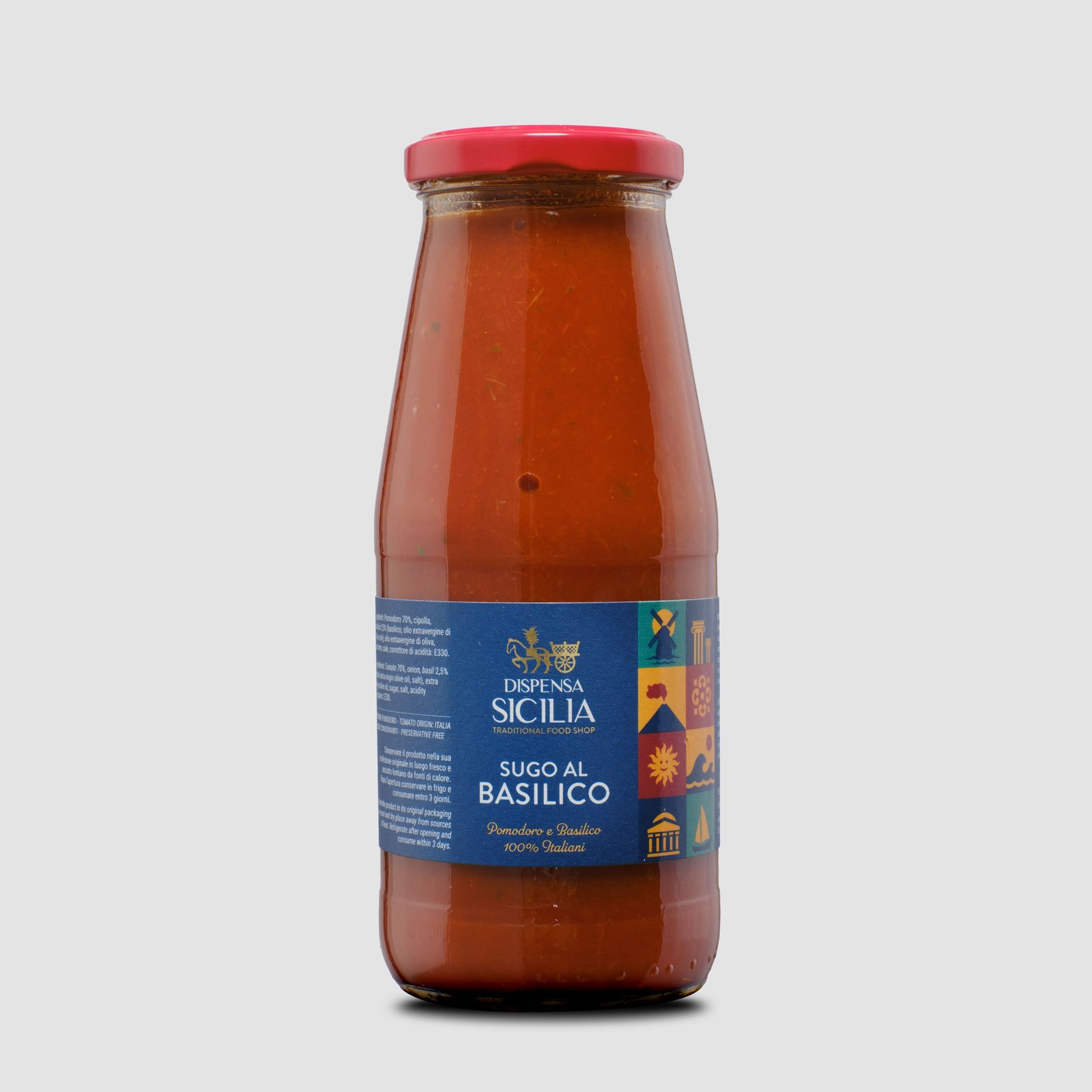 Dispensa Sicilia basil sauce in a clear glass bottle with a red cap, on a light background