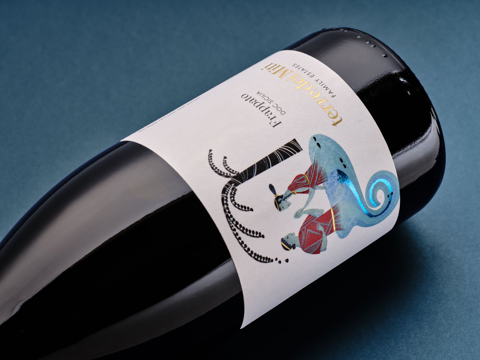 Detail of the Terre dei Miti Frappato label: Ciane and Anapo on the metallic blue wave